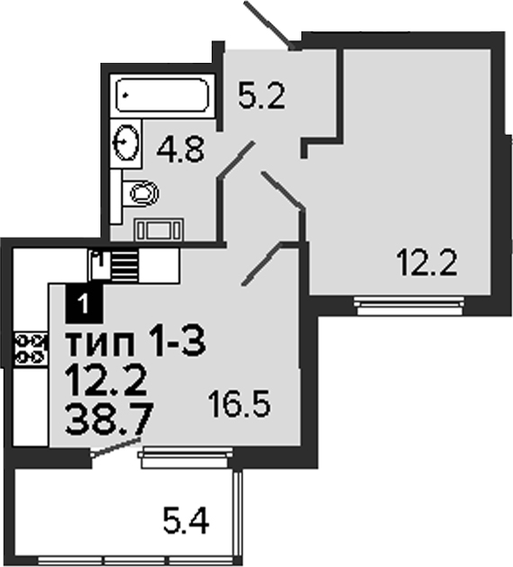 1-комнатная, 38.7 м²– 2