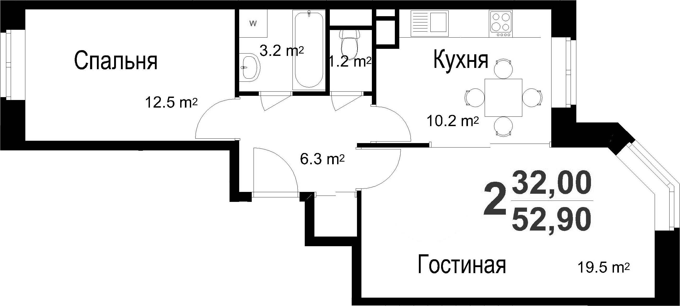 2-к.кв, 52.9 м²