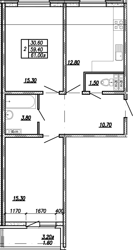 2-комнатная квартира, 60.2 м², 9 этаж – Планировка