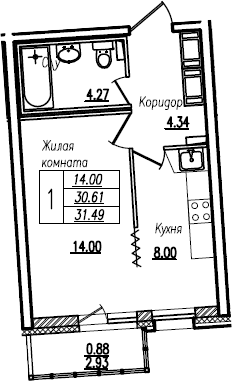 1-к.кв, 31.49 м²