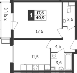 1-комнатная, 40.9 м²– 2