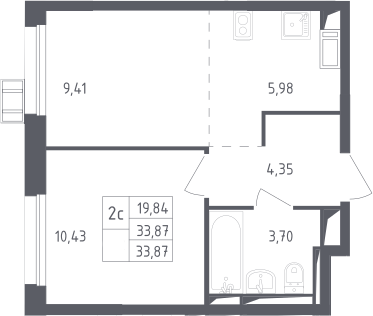 2Е-комнатная, 33.87 м²– 2