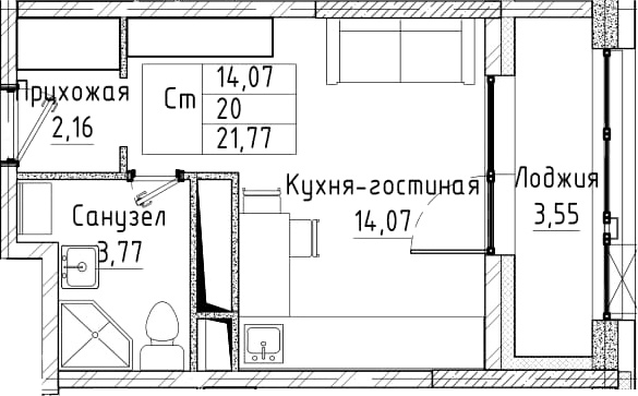 Студия, 21.77 м², 7 этаж