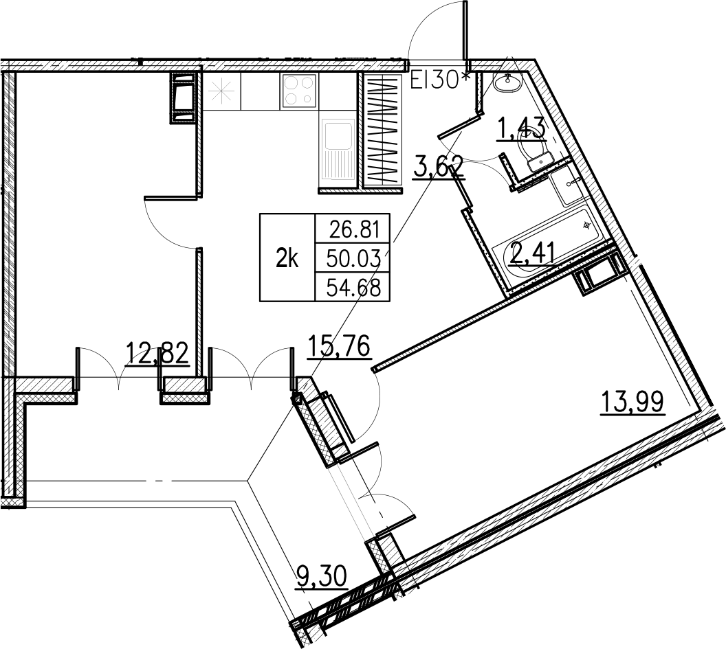 3Е-комнатная, 54.68 м²– 2