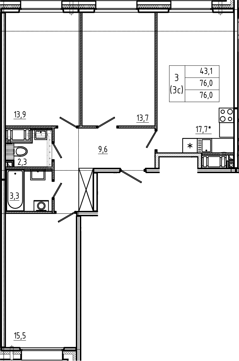 Купить 4-комнатную квартиру в новостройке 76 м², Партизанская улица, в  Санкт-Петербурге, у метро Ладожская