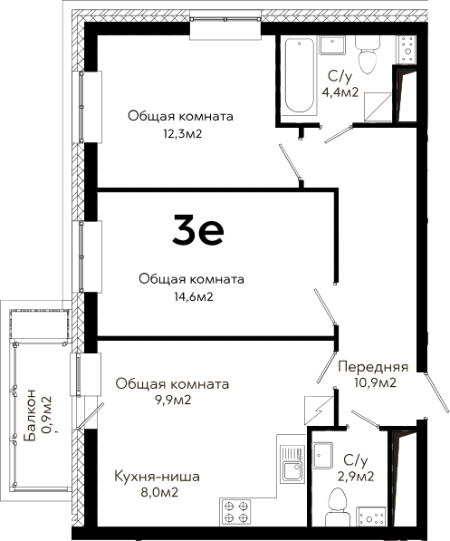 3Е-к.кв, 63.9 м²