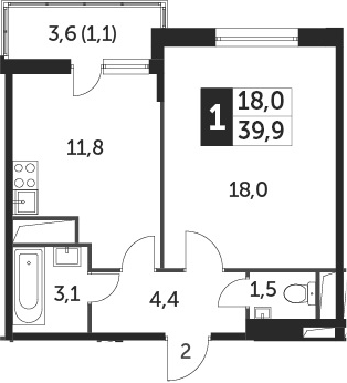 1-комнатная, 39.4 м²– 2