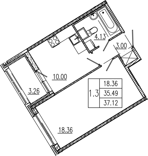 1-комнатная, 35.49 м²– 2
