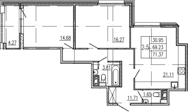 3Е-комнатная, 69.23 м²– 2