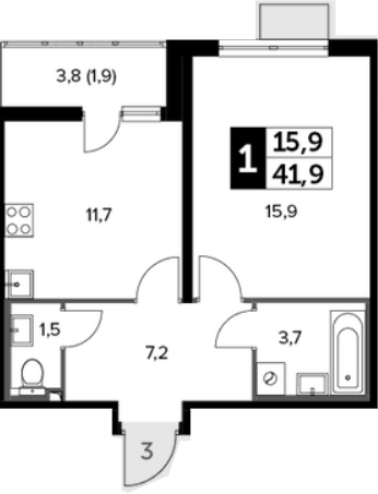 1-комнатная, 41.9 м²– 2