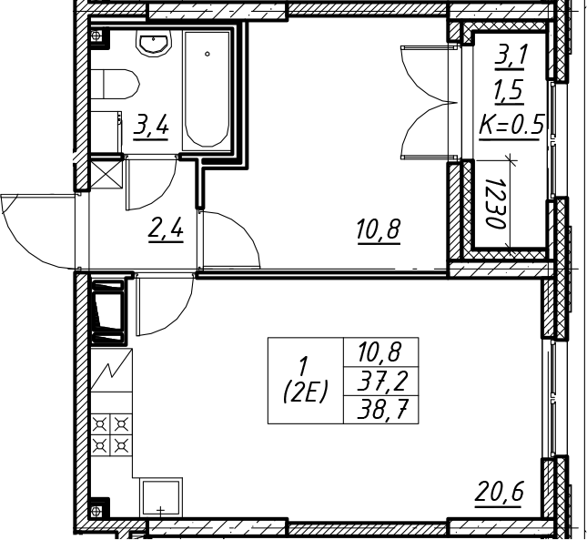 2Е-к.кв, 38.7 м², 8 этаж