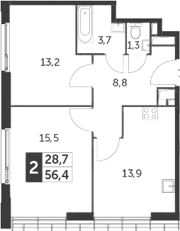 2-комнатная, 56.4 м²– 2