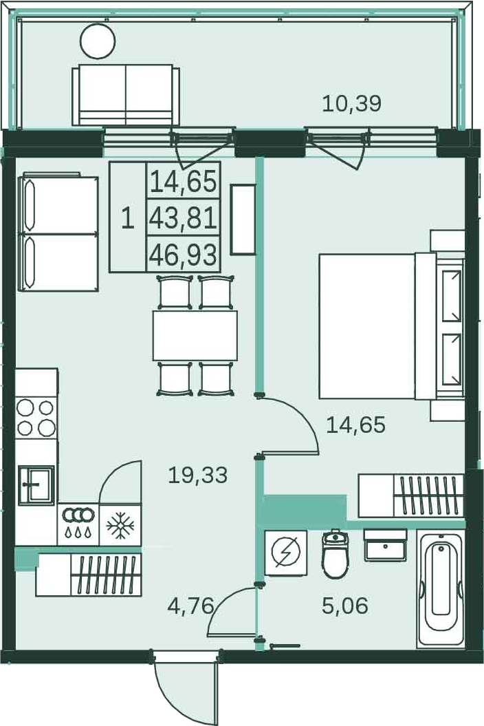 2Е-комнатная, 47.37 м²– 2