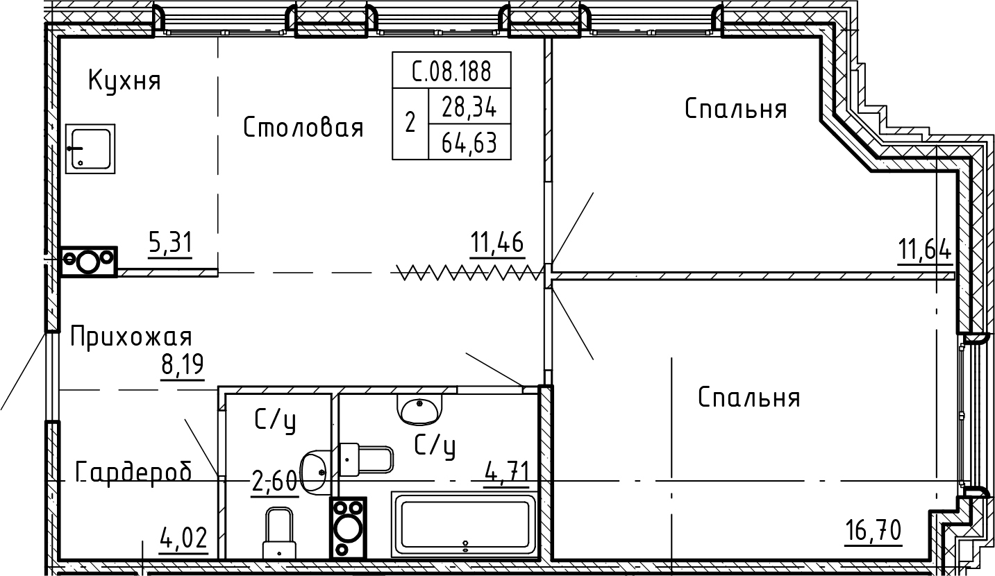 3Е-комнатная, 64.63 м²– 2
