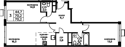 3Е-комнатная, 70.2 м²– 2