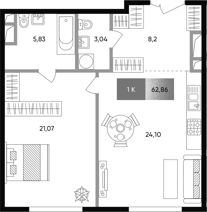 2Е-комнатная, 62.86 м²– 2