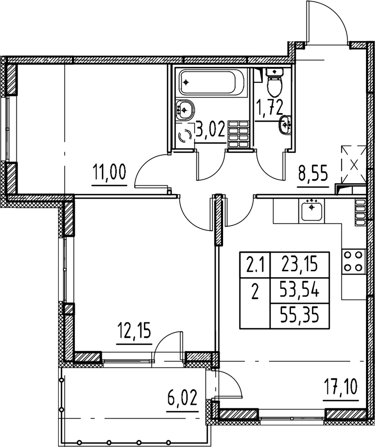 3Е-комнатная, 53.54 м²– 2