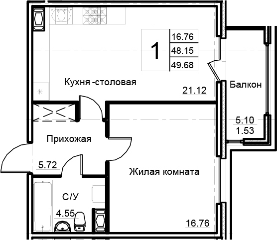 2Е-комнатная, 49.68 м²– 2