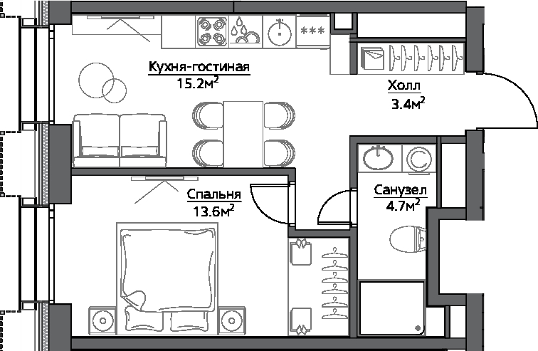2Е-комнатная, 36.9 м²– 2