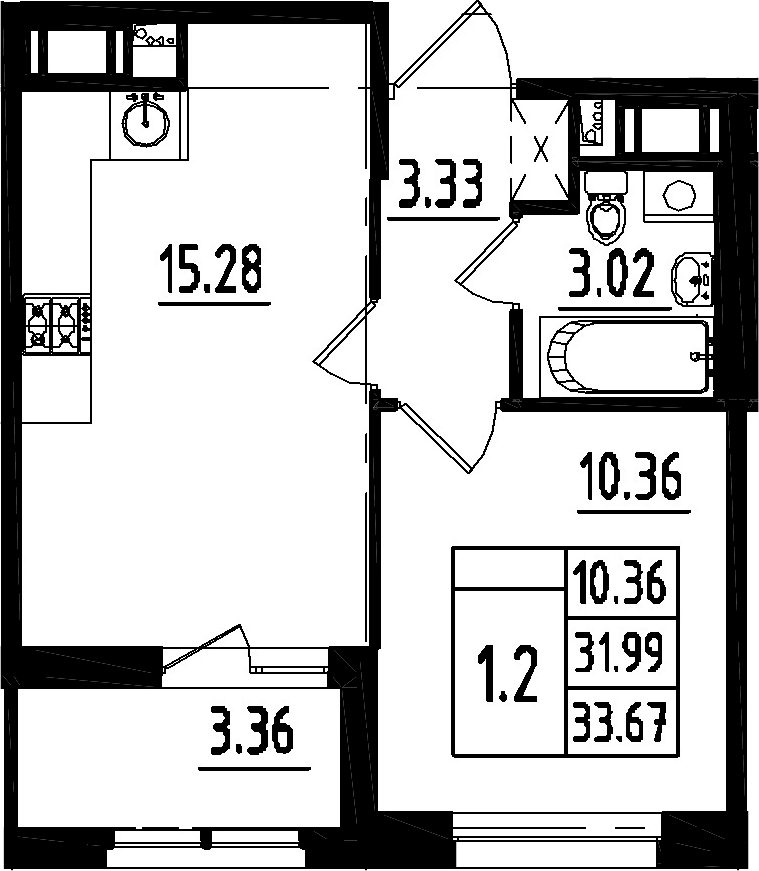 2Е-комнатная, 31.99 м²– 2