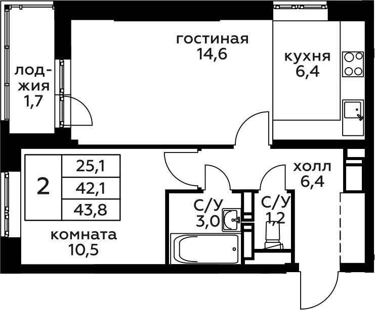 2Е-к.кв, 43.8 м²