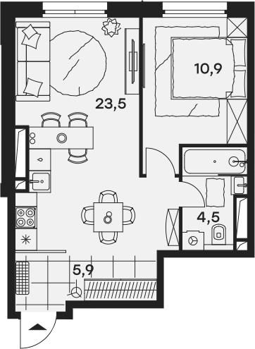 2Е-комнатная, 44.8 м²– 2