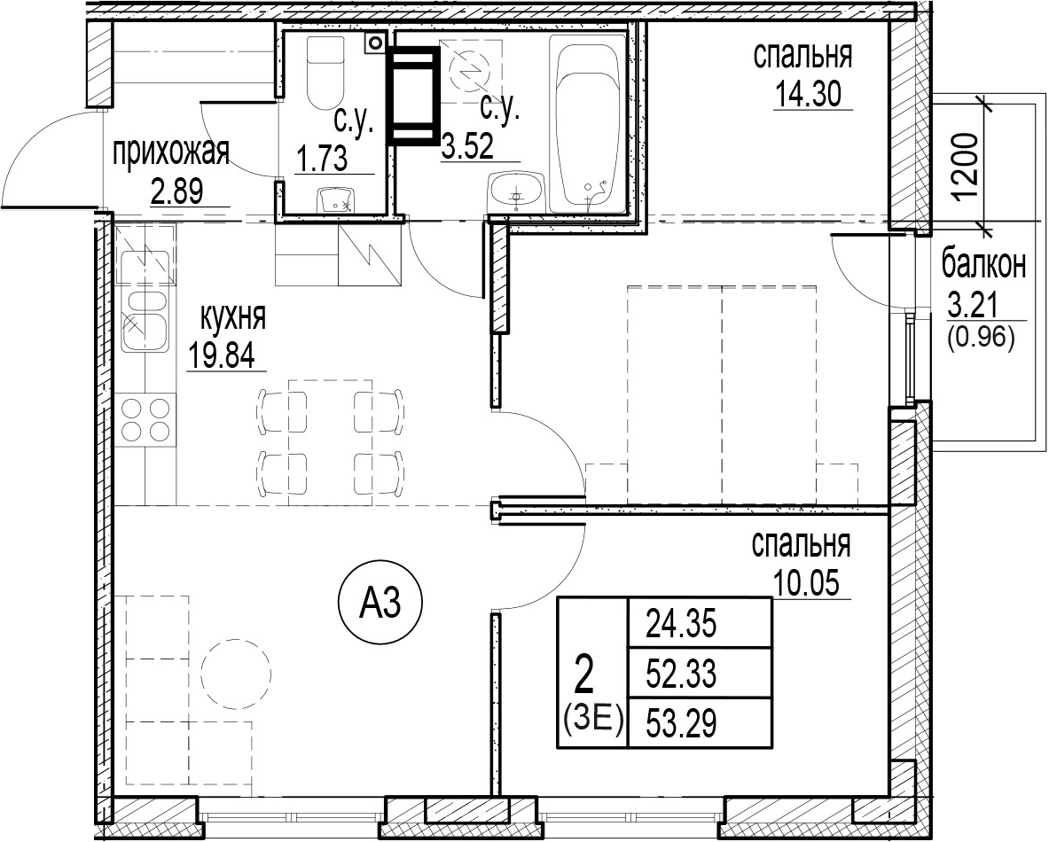 3Е-комнатная, 53.29 м²– 2