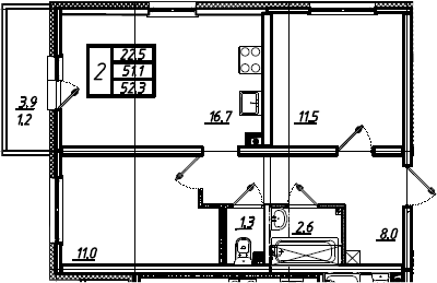 3Е-к.кв, 52.3 м², от 2 этажа
