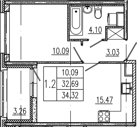 2Е-комнатная, 32.69 м²– 2