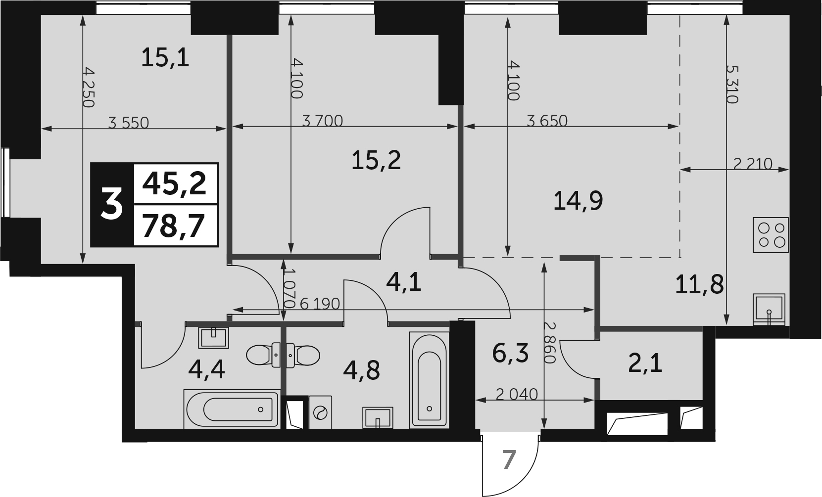 3-к.кв, 78.7 м², 34 этаж