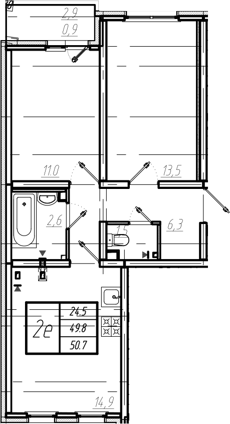 3Е-комнатная, 50.7 м²– 2