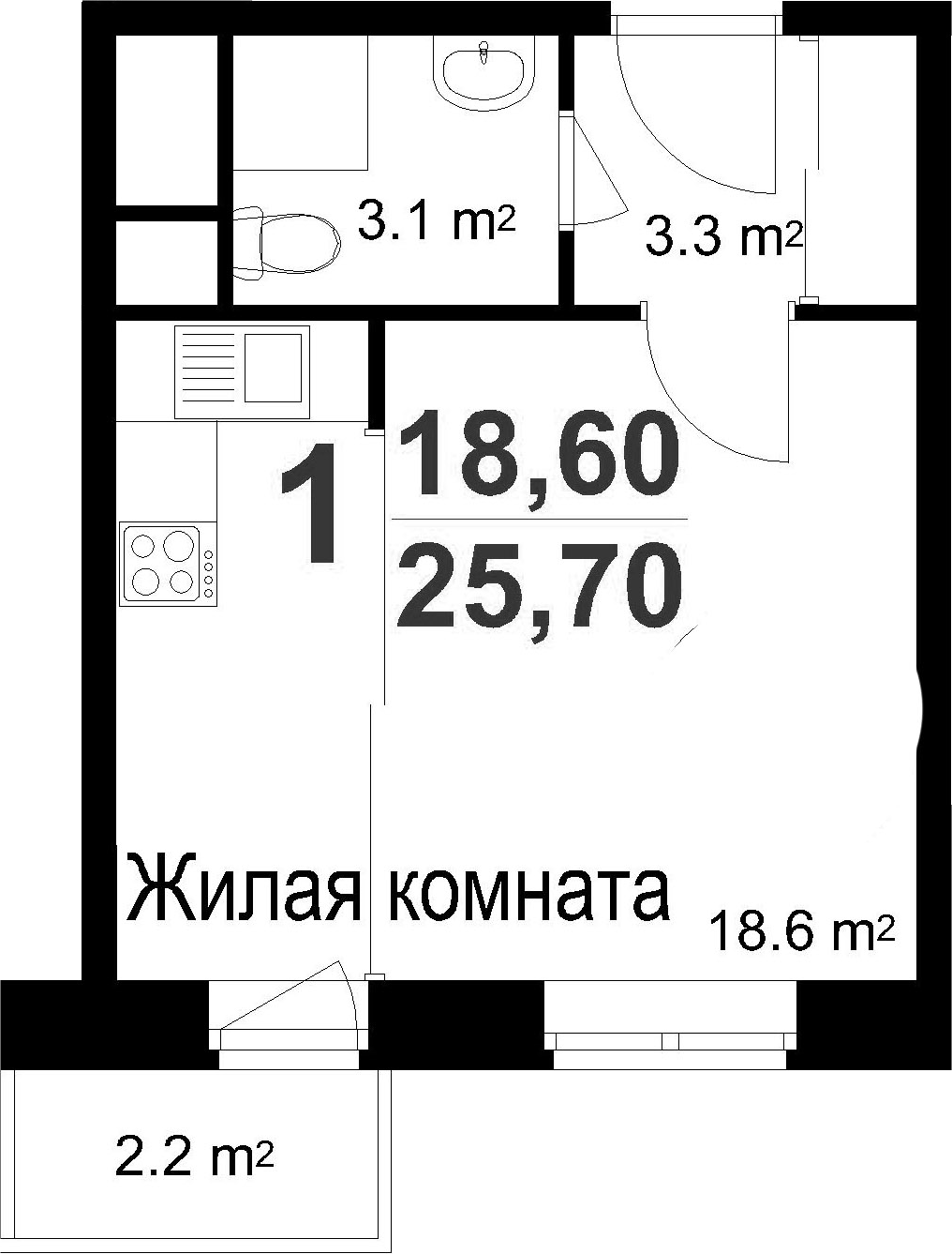 Студия, 25.7 м²