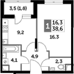 1-комнатная, 38.6 м²– 2