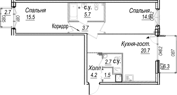3Е-к.кв, 71.6 м²
