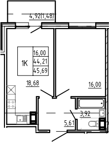 2Е-комнатная, 45.69 м²– 2