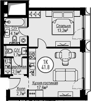 2Е-комнатная, 41.8 м²– 2