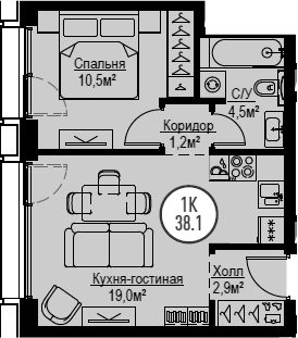 2Е-комнатная, 38.1 м²– 2
