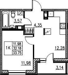 2Е-комнатная, 33.75 м²– 2