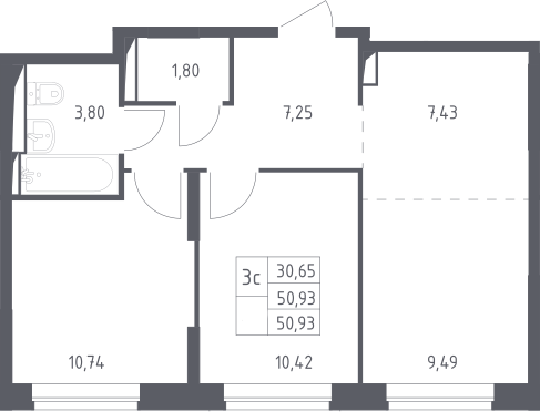 3Е-комнатная, 50.93 м²– 2