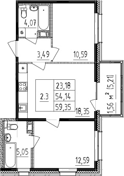 3Е-комнатная, 54.14 м²– 2