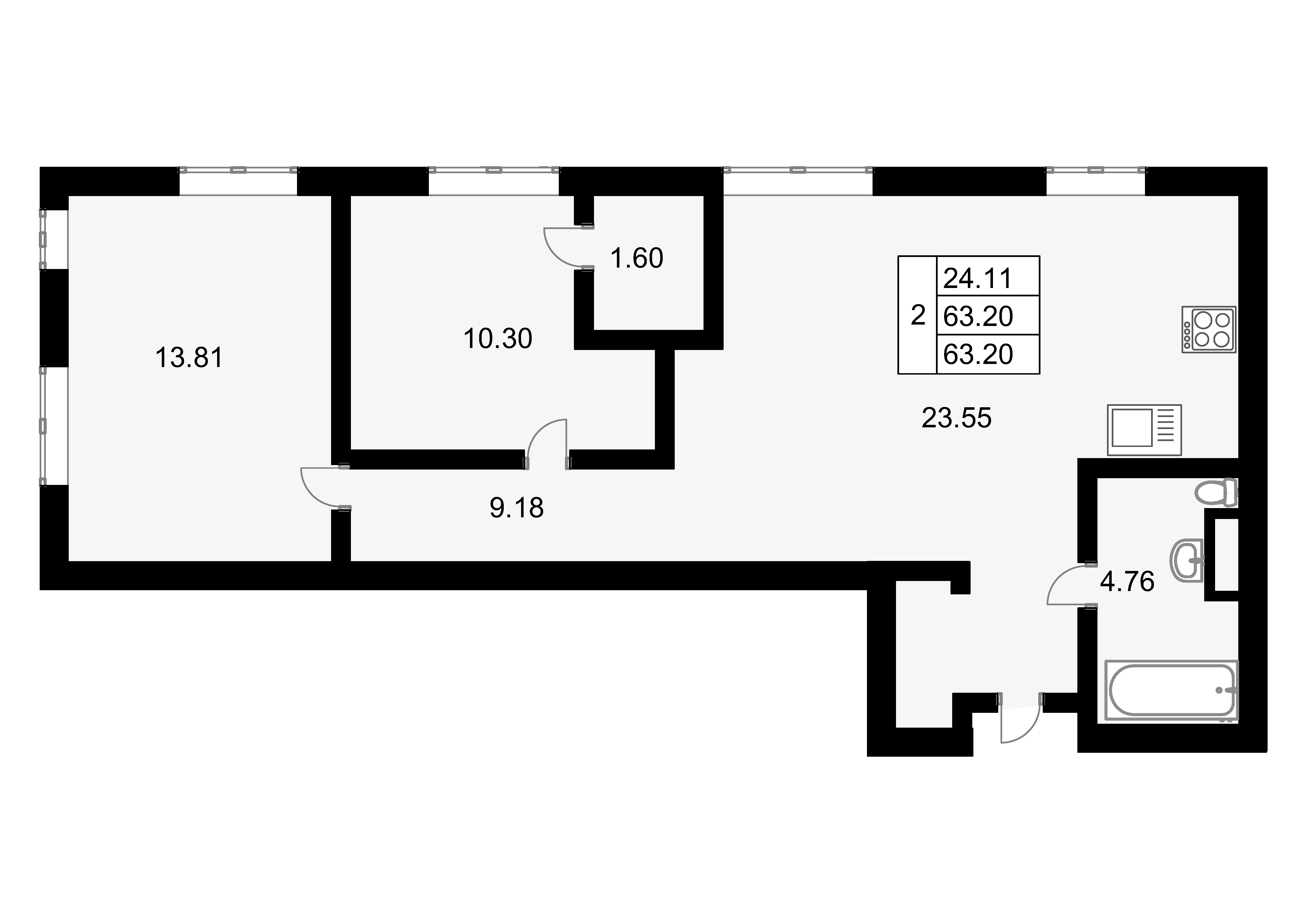 2-комнатная, 63.2 м²– 2