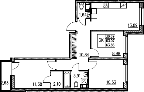 4Е-комнатная, 63.86 м²– 2