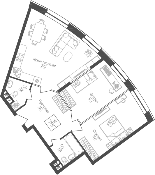 3Е-комнатная, 77.9 м²– 2