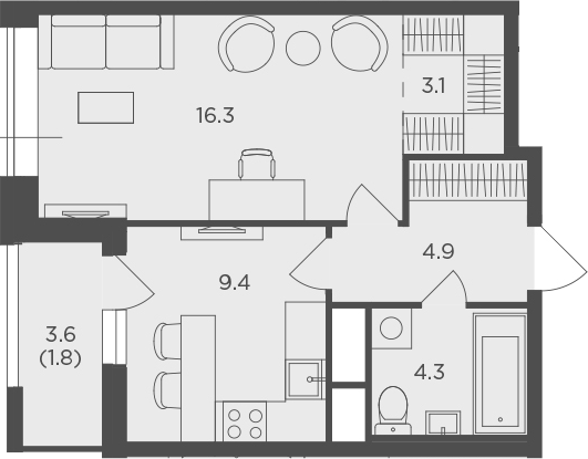 1-комнатная, 39.7 м²– 2