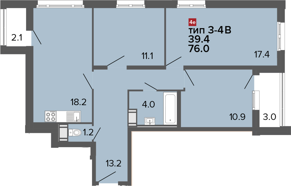 4Е-комнатная, 76 м²– 2