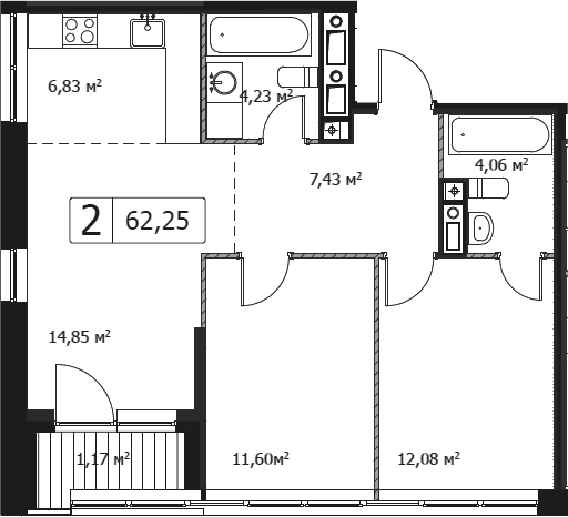 3Е-комнатная, 62.25 м²– 2