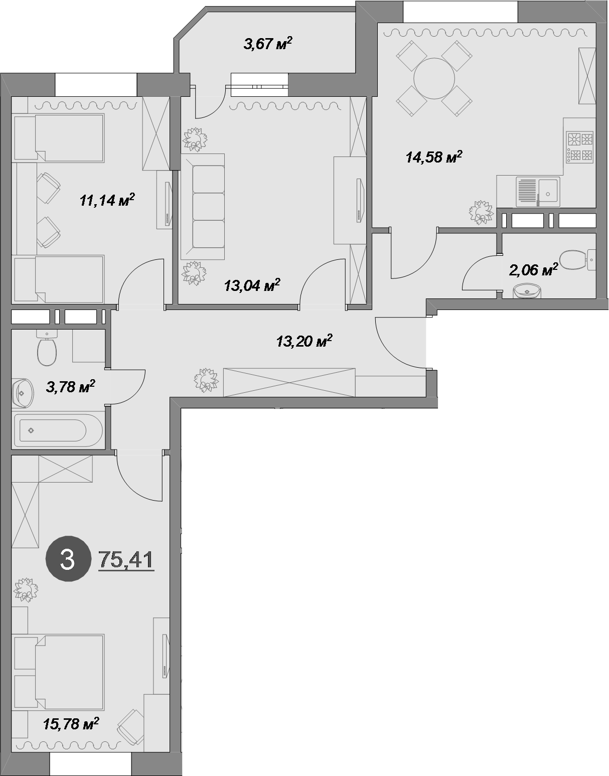3-комнатная, 75.41 м²– 2