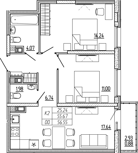 3Е-комнатная, 56.55 м²– 2