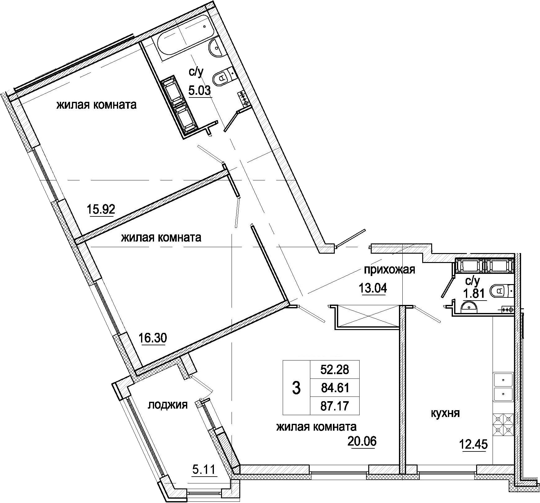 3-комнатная, 87.17 м²– 2