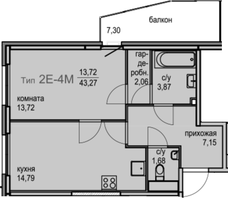2Е-комнатная, 43.27 м²– 2